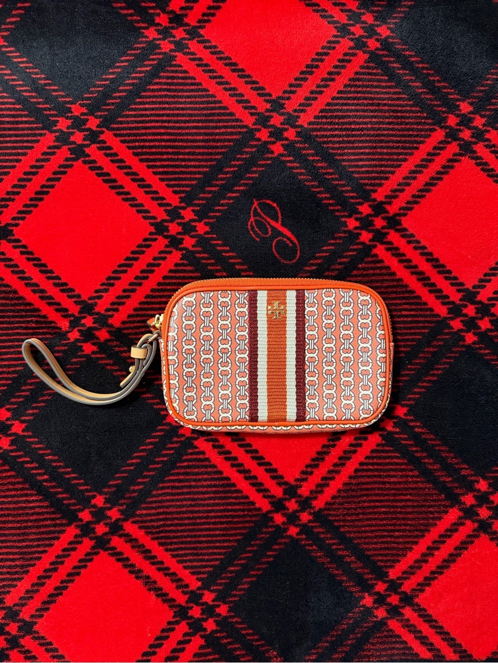Tory Burch Orange and White Patterned Wristlet